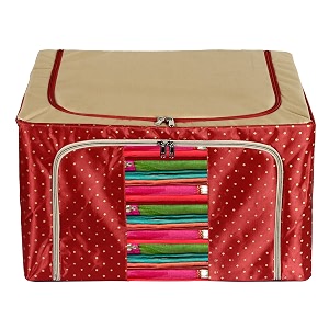 kuber industries dot printed steel frame living box closet organizer cloth storage boxes for wardrobe with clear window 44ltr maroon amp brown-44km0242