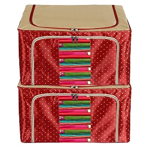 kuber industries dot printed steel frame living box closet organizer cloth storage boxes for wardrobe with clear window 24ltr- pack of 2 maroon amp brown-44km0228
