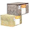 Kuber Industries Metalic Printed 2 Piece Non Woven Fabric Underbed Storage BagCloth OrganiserBlanket Cover with Transparent Window Golden Brown &amp; Gold -CTKTC41059 Standard