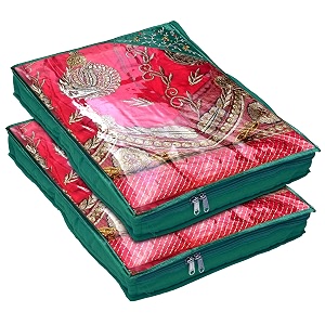 kuber industries embroidery design non woven 334 inch saree cover with transparent top- pack of 2 green