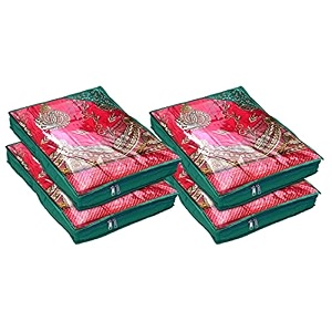 kuber industries embroidery design non woven 334 inch saree cover with transparent top- pack of 4 green hs39kubmart022012