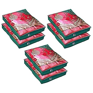 kuber industries embroidery design non woven 334 inch saree cover with transparent top- pack of 6 green