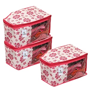 kuber industries floral print blouse cover bags with zipwardrobe organizer for clotheswashable small cloth bagblack piping with transparent windowpack of 3 pink