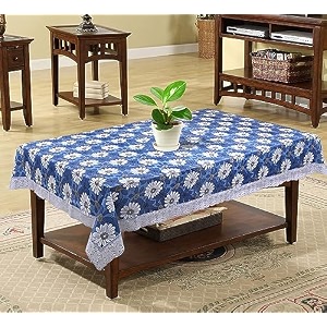 kuber industries floral print table cloth 4 seaterwaterproof center table covertable protector for indoor amp outdoor 60x40 white amp blue
