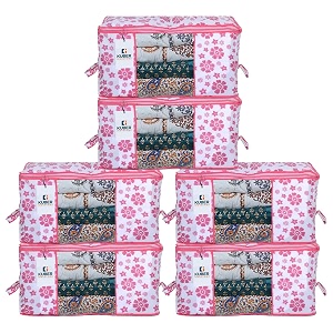 kuber industries floral print underbed storage bagorganizer for clothes largenon-woven comforter blanket covertransparent window amp zipperside handlespack of 6 pink