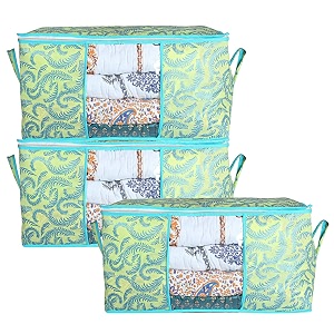 kuber industries floral print underbed storage bagorganizer for clothes largenon-woven comforter blanket covertransparent window amp zipperside handlespack of 3 green