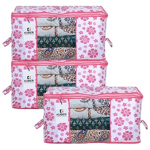 kuber industries non-woven floral print underbed storage bagorganizer for clothes largenon-woven comforter blanket covertransparent window amp zipperside handlespack of 3 pink