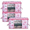 Kuber Industries Non-Woven Floral Print Underbed Storage Bag|Organizer For Clothes Large|Non-Woven Comforter, Blanket Cover|Transparent Window &amp; Zipper|Side Handles|Pack Of 3 (Pink)