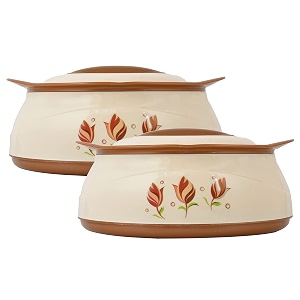 kuber industries floral printed inner steel casserole with lid 2500ml- pack of 2 cream amp brown-hs42kubmart25039