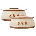 Kuber Industries Floral Printed Inner Steel Casserole With Lid, 2500ml- Pack of 2 (Cream &amp; Brown)-HS42KUBMART25039