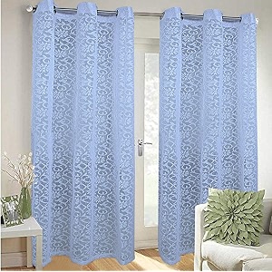 kuber industries flower design 2 pieces sheer door curtains linen look semi transparent voile grommet elegance curtains sky blue - ctktc40505