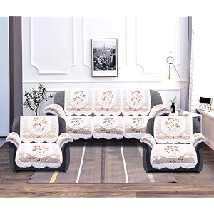 kuber industries flower design cotton 5 seater sofa cover with 6 pieces arms coveruse both sideliving roomdrawing roompack of 16 cream