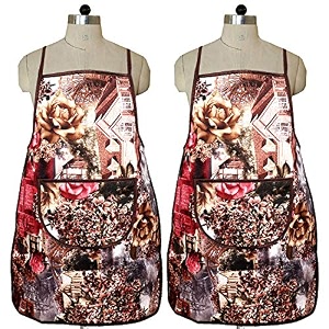 kuber industries flower design jute 2 pieces waterproof kitchen apron with front pocket brown - ctktc40363