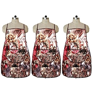 kuber industries flower design jute 3 pieces waterproof kitchen apron with front pocket brown - ctktc40365