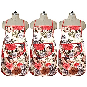 kuber industries flower design jute 3 pieces waterproof kitchen apron with front pocket maroon - ctktc40357