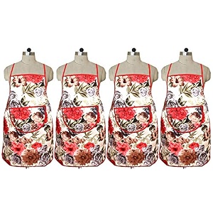 kuber industries flower design jute 4 pieces waterproof kitchen apron with front pocket maroon - ctktc40359