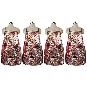 kuber industries flower design jute 4 pieces waterproof kitchen apron with front pocket brown - ctktc040367