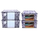 Kuber Industries Non-Woven Flower Printed Non Woven 2 Pieces Saree Cover and 2 Pieces Underbed Storage Bag, Cloth Organizer for Storage, Blanket Cover Combo Set (Royal Blue) -Ctktc038619