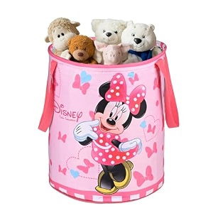 kuber industries polyester foldable 45l toys organizer for kids room - soft toys storage bagbasketcontainer with handles  disney minnie - pink 34x34x42 cm