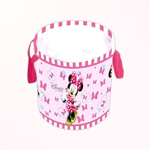 kuber industries foldable laundry basket for clothes  non-woven round cloth laundry bag  washing clothes storage basket  disney minnie mouse  45 ltr  pink