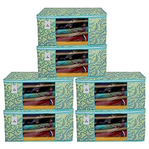kuber industries foldable saree covers with zipnon woven clothes organiser for wardrobe leaf print with transparent windowsuitable for lehenga suit dresspack of 6 green