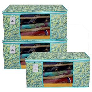 kuber industries 45 x 33 x 22 cm foldable saree covers with zipnon woven clothes organiser for wardrobe  leaf print with transparent window  pack of 3 green