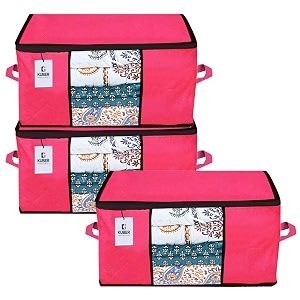 kuber industries underbed storage bagorganizer for clothes largenon-woven comforter blanket covertransparent window amp premium zipperside handlespack of 3 pink