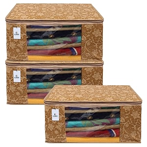 kuber industries foldable saree covers with zipnon woven clothes organiser for wardrobe metalic print with transparent windowsuitable for lehenga suit dresspack of 3 brown