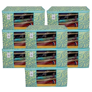 kuber industries foldable saree covers with zipnon woven clothes organiser for wardrobe leaf print with transparent windowsuitable for lehenga suit dresspack of 9 green