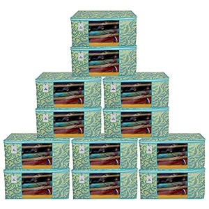 kuber industries foldable saree covers with zipnon woven clothes organiser for wardrobe leaf print with transparent windowsuitable for lehenga suit dresspack of 12 green