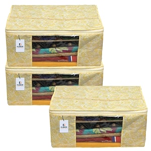 kuber industries foldable saree covers with zipnon woven clothes organiser for wardrobe metalic print with transparent windowsuitable for lehenga suit dresspack of 3 yellow amp cream
