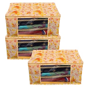 kuber industries non-woven foldable saree covers with zipnon woven clothes organiser for wardrobe floral print with transparent windowsuitable for lehenga suit dresspack of 3 cream