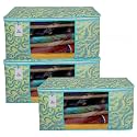 Kuber Industries 45 X 33 X 22 Cm Foldable Saree Covers with Zip|Non Woven Clothes Organiser for Wardrobe | Leaf Print with Transparent Window | Pack Of 3 (Green)