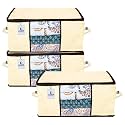 Kuber Industries Underbed Storage Bag|Organizer For Clothes Large|Non-Woven Comforter, Blanket Cover|Transparent Window &amp; Premium Zipper|Side Handles|Pack of 3 (Cream)