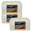 Kuber Industries Foldable saree covers with Zip|Non Woven Clothes Organiser for wardrobe |Metalic Print With Transparent Window|Suitable for Lehenga, Suit, Dress|Pack Of 3 (Brown &amp; Cream)