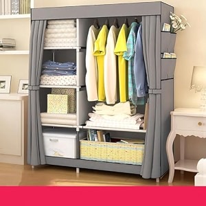 kuber industries foldable wardrobe for clothesnon woven fabric 2 door portable clothes rack4 shelves almirah for clothes-pack of 2 grey