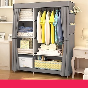 kuber industries foldable wardrobe for clothesnon woven fabric 2 door portable clothes rack4 shelves almirah for clothes-pack of 6 grey