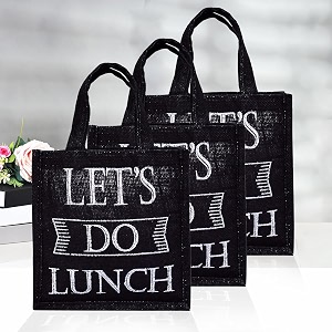 kuber industries reusable lunch bag with handle  jute carry bag  lunch handbag for office  tiffin carry hand bag  lets do lunch-print  small  black