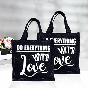 kuber industries reusable lunch bag with handle  jute carry bag  lunch handbag for office  tiffin carry hand bag  love-print  small  pack of 2  black