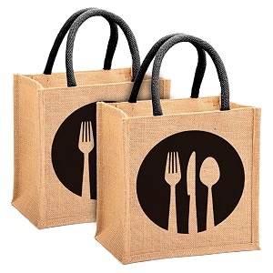 kuber industries fork knife print jute reusable eco-friendly hand baggrocery bag for man woman with handle pack of 2 black 54km4356