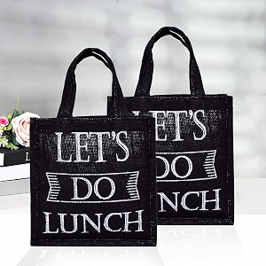 kuber industries reusable lunch bag with handle  jute carry bag  lunch handbag for office  tiffin carry hand bag  lets do lunch-print  small  pack of 2  black
