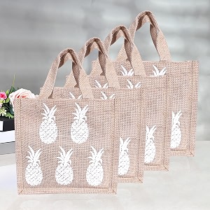 kuber industries reusable lunch bag with handle  jute carry bag  lunch handbag for office  tiffin carry hand bag  pineapple-print  small  pack of 4  brown