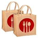 Kuber Industries Fork Knife Print Jute Reusable Eco-Friendly Hand Bag/Grocery Bag For Man, Woman With Handle Pack Of 2 (Red) 54KM4358