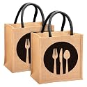 Kuber Industries Fork Knife Print Jute Reusable Eco-Friendly Hand Bag/Grocery Bag For Man, Woman With Handle Pack Of 2 (Black) 54KM4356