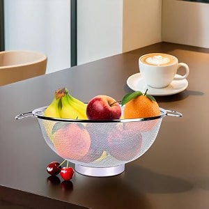 kuber industries fruit basket  stainless steel vegetables strainer  multipurpose fruit basket  colander basket for pasta-noodles-grains  mesh basket with handle  9 inch  silver