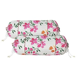 kuber industries cotton leaf print bolster cover with drawstringround bedside long pillow coverdewan pillow cover set 16 x 32 bolster cover set of 2 cream