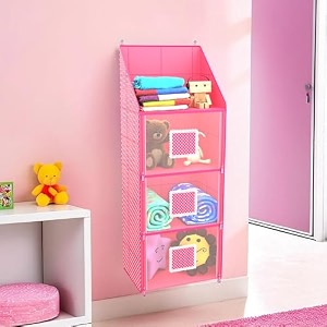 kuber industries hanging almirah  4 compartment storage  wall wardrobe organizer for cloth-shoes-toys  pink