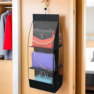 kuber industries non-woven hanging organizer6 pocket storage hangerhandbag organizerhanging purse for wardrobetransparent clutch organizerhandbag storage for closetblack38x31x85 centimeters