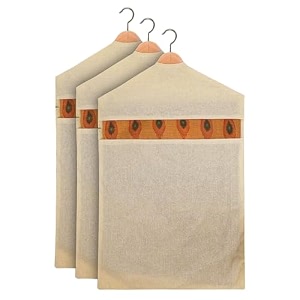 kuber industries hanging saree bag  cotton clothes bags for storage  hanging cotton saree covers  mesh window cloth storage bag  saree storage covers with zip  pack of 3  cream