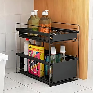 kuber industries iron 2 tier corner stand for kitchen counter top with wheels  cosmetic bathroom amp kitchen organiser rack shelf  countertop tabletop tiered shelf  black